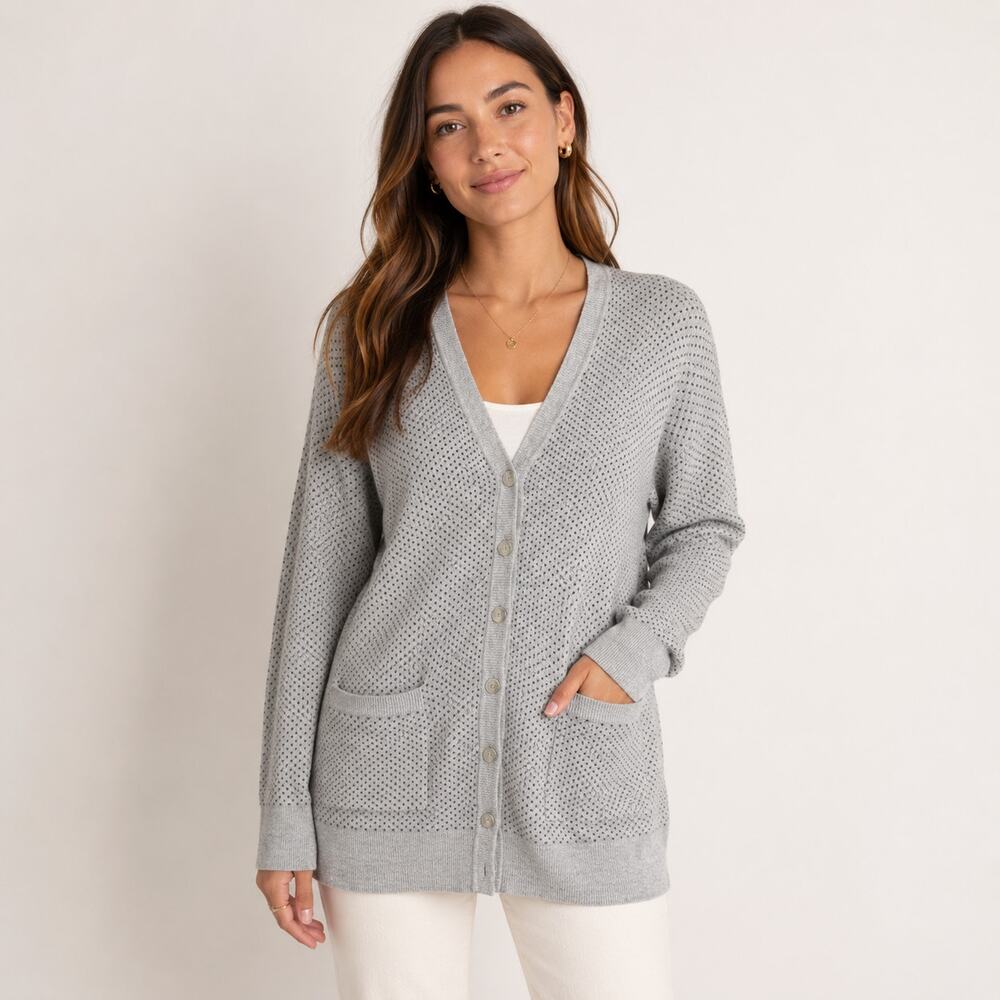 Gray Dot Cardigan Sweater Small V Neck Button Pockets Slouchy Astronomy Astrneme